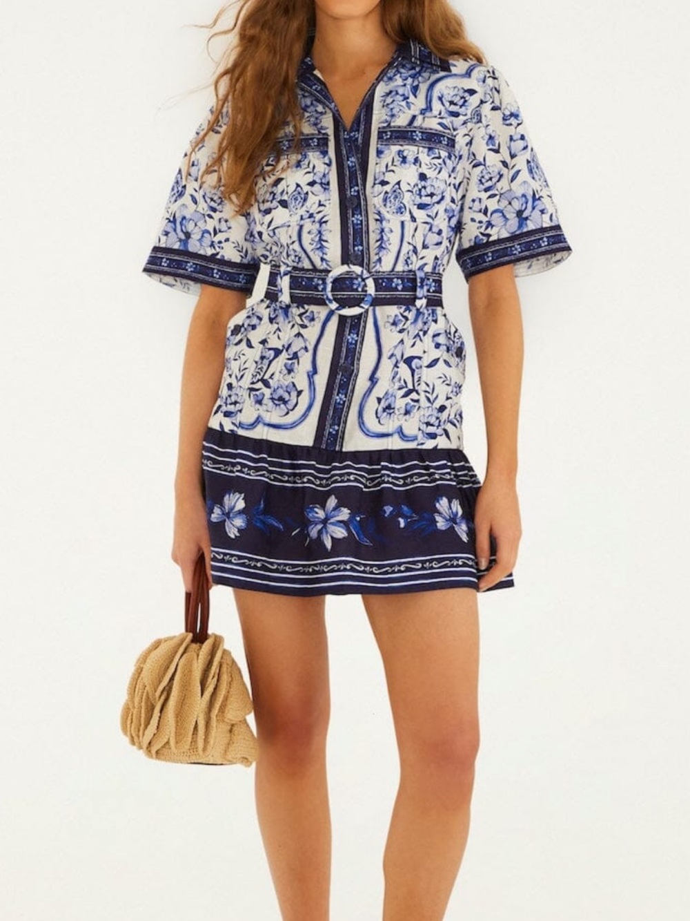 FARM Rio Blue and White Floral Belted Mini Dress